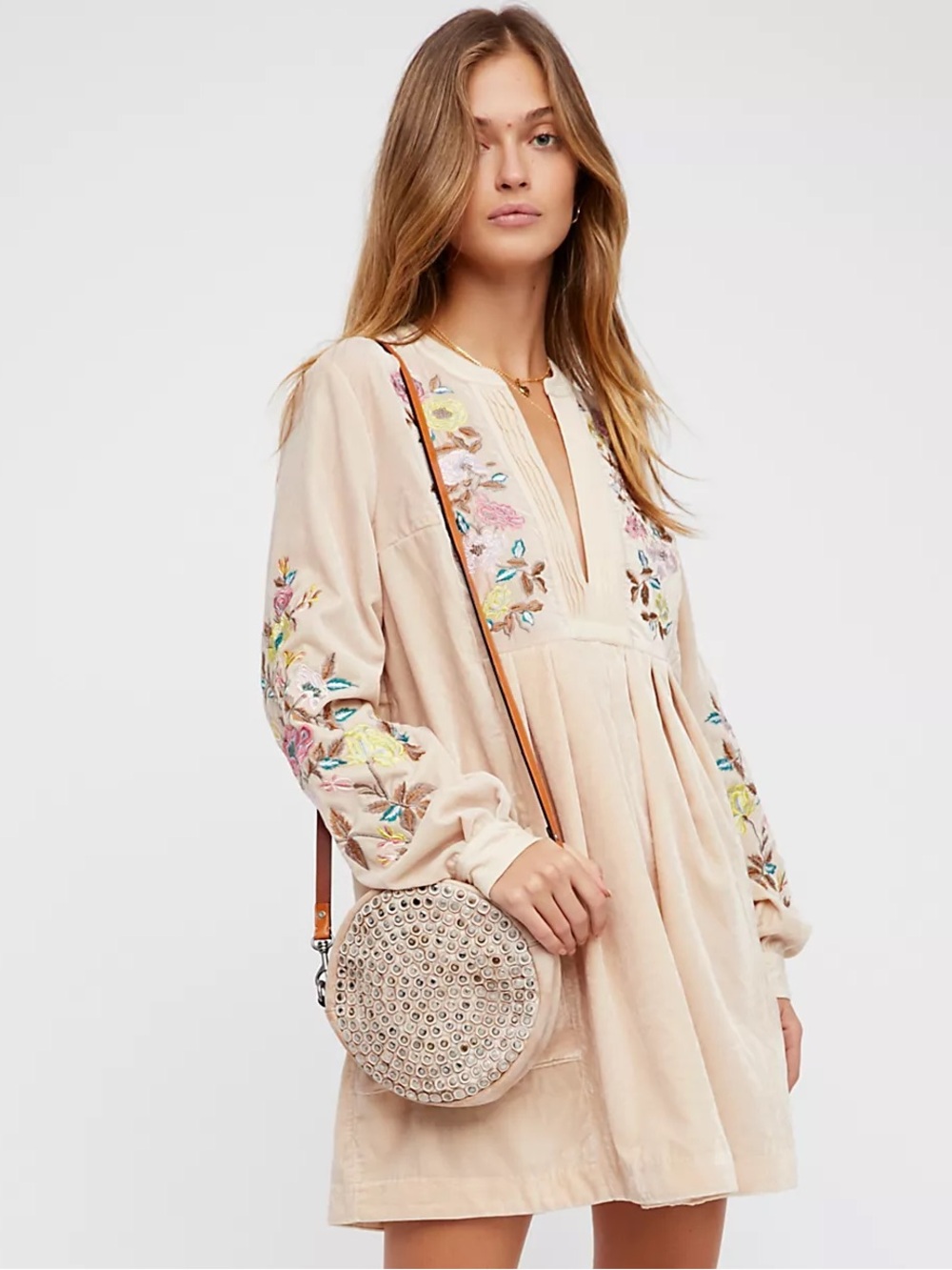 FREE PEOPLE Mia Embroidered Floral V-Neck Long Sleeve Shift Mini Dress Size S